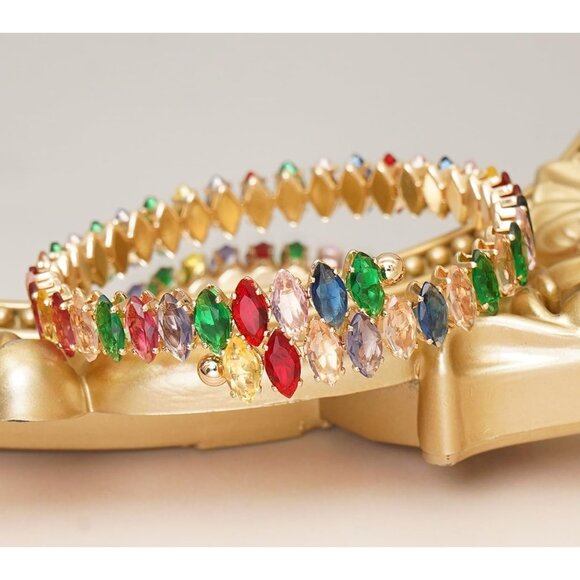 Gold Colorful Rhinestone Cuff Bracelet Cubic Zirconia Tennis Bracelets for Women - Picture 6 of 7